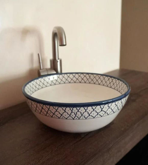 Picture of Blue & White Bathroom WashBasin - Bathroom Vessel Sink - Countertop Basin - Mediterranean Bowl Sink Lavatory - Solid Brass Drain Cap Gift