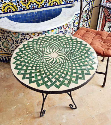 Customizable green and white mosaic coffee table with a chair, blending rustic charm and mid-century style.