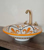 Picture of Custom Orange & White Ceramic Sink – Handpainted Vessel & Drop-In Bathroom Basin with Brass Rim