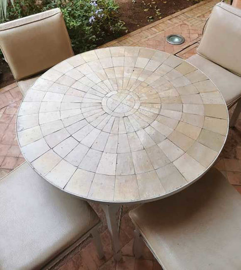 Picture of CUSTOMIZABLE Off White, Biege Handmade Mosaic Table - Mosaic Art - Outdoor Dining Mosaic Zellije Table