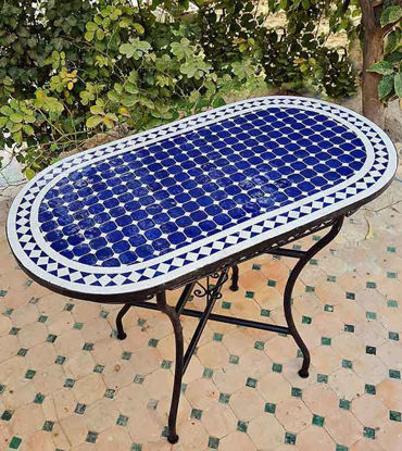 Picture of CUSTOMIZABLE Oval Mosaic Table - Crafts Mosaic Table - Blue and White Mid Century Zellije Table - Dining Table For Outdoor & Indoor - GIFT