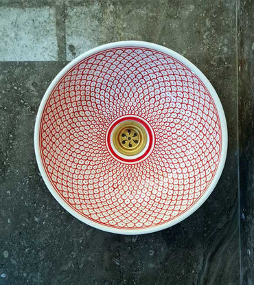 Picture of CUSTOMIZABLE Red & White Ceramic Vessel / Drop In Sink, Bathroom Ceramic Sink Bowl, HandPainted Ceramic Basin, Countertop Vessel Sink