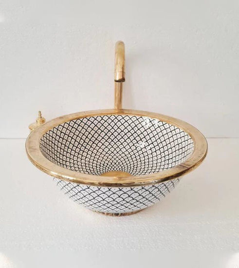 Picture of Drop In or Undermount Brushed Brass Rim Bathroom Sink - Brass & Ceramic Bathroom Vessel - Antique Decor - Mid Century Modern Sink