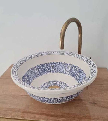 Picture of Drop In or Undermount Blue Bathroom Sink - Handpainted Ceramic Bathroom Vessel - Antique Bathroom Decor - Mid Century Bathroom Sink