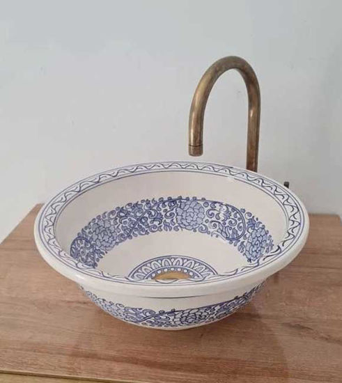 Picture of Drop In or Undermount Blue Bathroom Sink - Handpainted Ceramic Bathroom Vessel - Antique Bathroom Decor - Mid Century Bathroom Sink