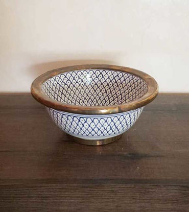 Picture of Drop In or Undermount Brushed Brass Rim Bathroom Sink -Blue Fish Scales Bathroom Vessel - Antique Bathroom Decor - Mid Century Bathroom Sink