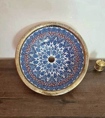 Picture of Drop Up Vessel Brushed Brass Rim Bathroom Sink - Brass & Ceramic Handpainted Bathroom Basin - Antique Bathroom Decor - Mid Century Bathroom