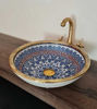 Picture of Drop Up Vessel Brushed Brass Rim Bathroom Sink - Brass & Ceramic Handpainted Bathroom Basin - Antique Bathroom Decor - Mid Century Bathroom