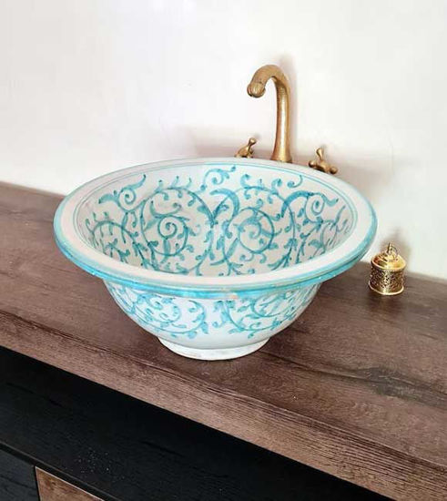 Picture of Drop In or Undermount Bohemian Bathroom Sink - Handpainted Ceramic Bathroom Vessel - Antique Bathroom Decor - Mid Century Bathroom Sink