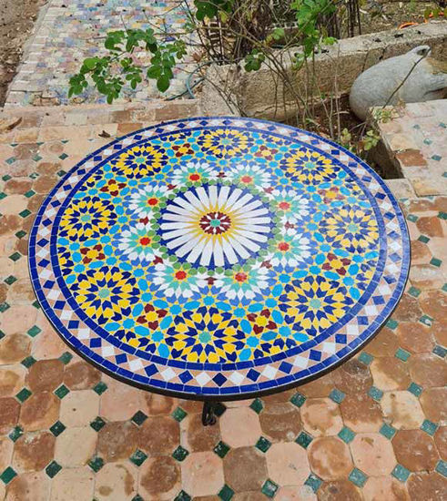 Picture of Handmade Outdoor Coffee Table - Complicated Mosaic Pattern Table - Bistro Mosaic Table - Zellige Mosaic Table - Handmade Mosaic Art