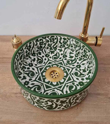 Picture of Green Bathroom Wash Basin - Bathroom Vessel Sink - Countertop Basin - Mid Century Modern Bowl Sink Lavatory - Solid Brass Drain Cap Gift