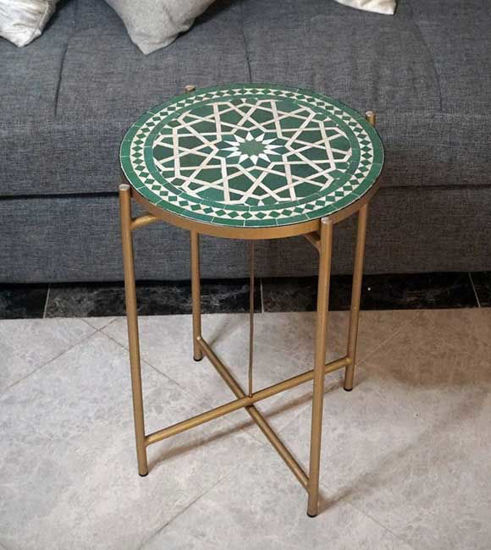 Picture of Green And Beige Mosaic Table - Custom Your Height and Colors - Mid Century Modern Patio Table - Handmade Coffee Table For Outdoor & Indoor