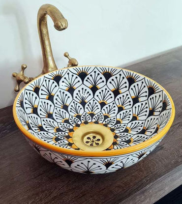 Picture of Mid Century Modern Bathroom Sink - Ceramic Washbasin - Sunflower Hand Painted Boho Basin + Solid Brass Drain Cap - Bathroom Decor Improving