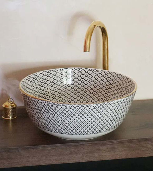 Picture of Mid Century Modern Bathroom Sink - Ceramic Washbasin - Genuine Golden Trim Boho Basin + Solid Brass Drain Cap & Brass Candle Holder GIFT