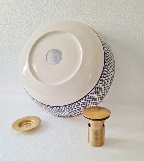 Picture of Mid Century Modern Bathroom Sink - Ceramic Washbasin - Genuine Golden Trim Boho Basin + Solid Brass Drain Cap & Brass Candle Holder GIFT