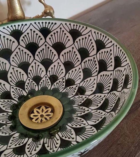 Picture of Mid Century Modern Bathroom Sink - Ceramic Washbasin - Sunflower Hand Painted Boho Basin + Solid Brass Drain Cap - Bathroom Decor Improving