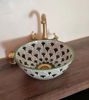 Picture of Mid Century Modern Bathroom Sink - Ceramic Washbasin - Sunflower Hand Painted Boho Basin + Solid Brass Drain Cap - Bathroom Decor Improving
