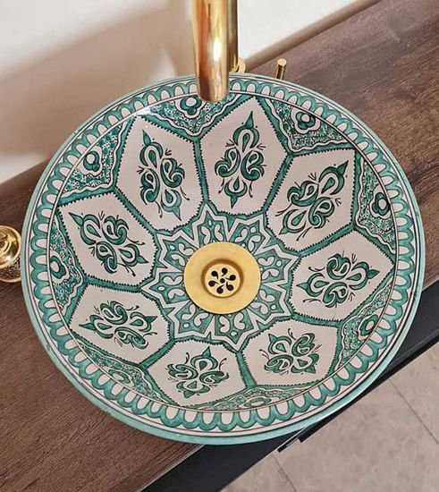 Picture of Mint Green Designed Bathroom Sink - Mid Century Modern Ceramic Washbasin - Mediterranean Bohemian Basin + Handcrafted Solid Brass Drain Cap