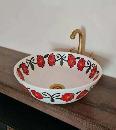 Picture of Mid Century Bathroom Wash Basin - Bathroom Vessel Sink - Countertop Basin - Mediterranean Bowl Sink Lavatory - Solid Brass Drain Cap Gift