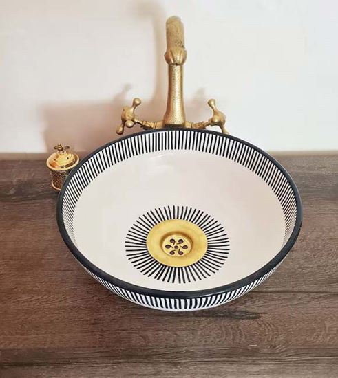 Picture of Minimalist Bathroom Washbasin - Bathroom Vessel Sink - Countertop Basin - Mediterranean Bowl Sink Lavatory - Solid Brass Drain Cap Gift