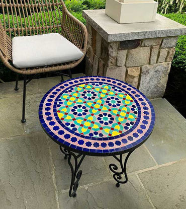 Purple & Blue Mosaic Outdoor Coffee Table beside a chair