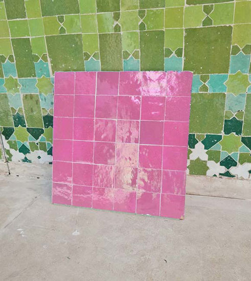 Picture of Rose Pink Terracotta Zellije "36 50 x 50mm Tiles" 14" x 14" Pannel, Handmade Bathroom Kitchen Tiles Straight Edge Ceramic Singular Tile