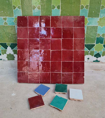 Picture of Red Burgundy Terracotta Zellije "36 50 x 50mm Tiles", 12" x 12" Pannel - Handmade Bathroom Kitchen Tiles Straight Edge Ceramic Subway Tile