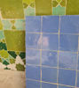 Vibrant 12x12 inch zellige tile panel with 36 handmade squares in royal blue and cornflower, ideal for stylish interiors.