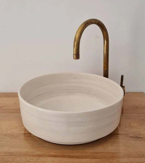 Picture of OFF White Bathroom Wash Basin - Bathroom Vessel Sink - Countertop Basin - Mid Century Modern Bowl Sink Lavatory - Solid Brass Drain Cap Gift