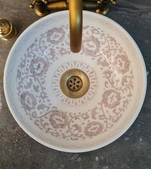 Picture of Pink & White Bathroom Wash Basin - Bathroom Vessel Sink - Countertop Basin - Mediterranean Bowl Sink Lavatory - Solid Brass Drain Cap Gift