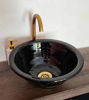 Picture of Solid Black Table top sink - Glazed Black Ceramic Sink - Mid century Modern Wash basin - Bathroom Sink - Solid Brass Drain Cap GIFT