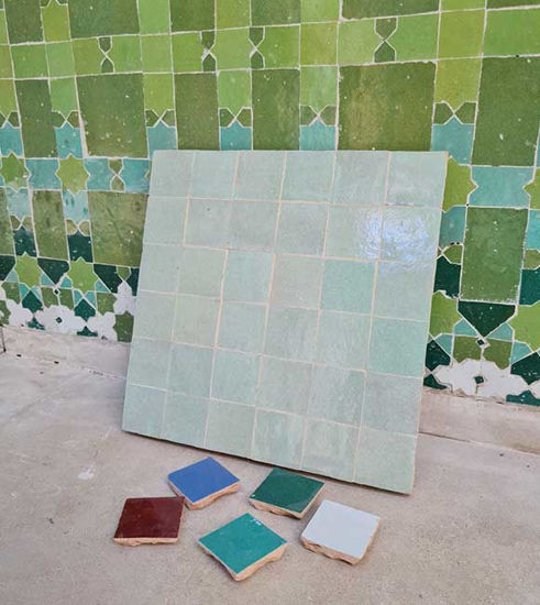 Picture of Tea & Sage Green Terracotta Zellije "36 50 x 50mm Tiles", 14" x 14" Pannel - Handmade Bathroom Kitchen Tiles Straight Edge Ceramic Tile