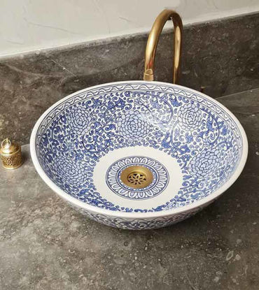 Picture of WERDA Bathroom Washbasin - Bathroom Vessel Sink - Countertop Basin - Mediterranean Bowl Sink Lavatory - Solid Brass Drain Cap Gift
