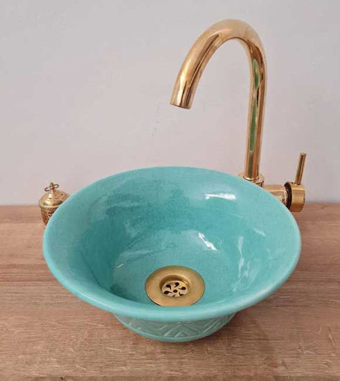 Picture of Turquoise Bathroom Wash Basin - Bathroom Vessel Sink - Countertop Basin - Mid Century Modern Bowl Sink Lavatory - Solid Brass Drain Cap Gift