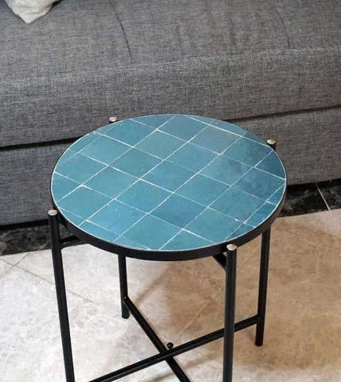 Picture of Teal Blue Mosaic Table - Custom Your Height and Colors - Mid Century Modern Patio Table - Handmade Coffee Table For Outdoor & Indoor