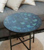 A handcrafted petrol blue mosaic table top featuring intricate geometric patterns, perfect for indoor or outdoor use.