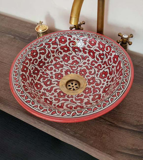 Picture of Red Bathroom Wash Basin - Bathroom Vessel Sink - Countertop Basin - Mediterranean Bowl Sink Lavatory - Solid Brass Drain Cap Gift