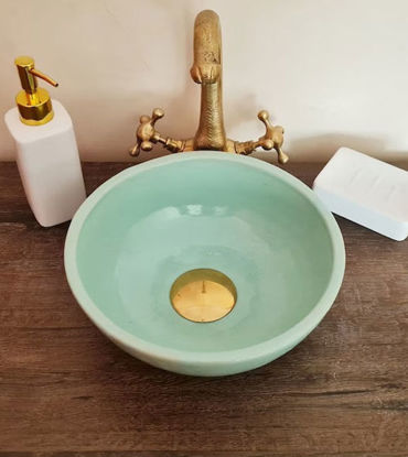 Picture of Plain Green Table top sink - Mid century Modern Washbasin - Bathroom Sink - Handmade Ceramic Sink - Solid Brass Drain Cap GIFT