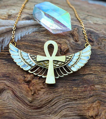 Picture of Ankh Necklace, Mother of Pearl Necklace, Egyptian Jewelry, Paua Shell Necklace, Statement Jewelry, Ankh Jewelry, Flying Ankh with Wings