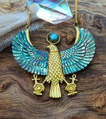 Picture of Horus Necklace , Abalone Wings Necklace, Egyptian God Pendant, Horus Jewelry, Pink Pearl Necklace, Egyptian Myth Jewelry, Ancient Egyptian
