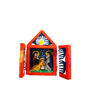 Miniature nativity scene with the Holy Family and three children, beautifully crafted from clay, reflecting Peruvian folk traditions.