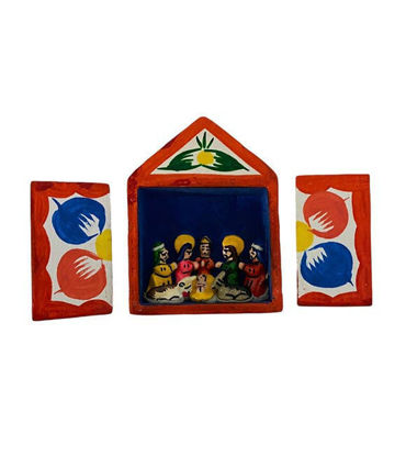 Small wooden house with a detailed handmade Peruvian nativity scene inside, showcasing the Holy Family in vibrant colors.