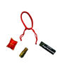 A red rope with a small bag and bottle of Gallina Negra Spiritual Oil, designed for ritual cleansing and negative energy protection.