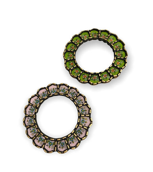 Two mirrors: one green with gold accents, one pink with gold accents, displayed against a neutral background.