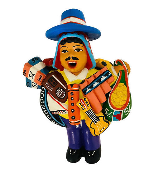 A 9-inch handmade Ekeko doll, a Peruvian figurine of a man with a guitar, symbolizing abundance and good fortune.