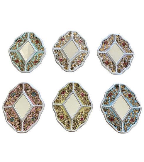 Six vibrant decorative mirrors with floral designs, showcasing traditional Peruvian craftsmanship in a vintage Colonial style.