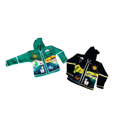 Two handmade Peruvian alpaca jackets, each featuring unique designs and vibrant colors, showcasing traditional craftsmanship.