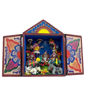 A vibrant wooden retablo box with a detailed Nativity Scene, highlighting the Holy Family, crafted by skilled Peruvian artisans.