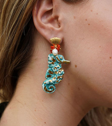 Picture of Dangling earrings with stud closure, with seahorse, coral, gold and pearls