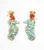 Picture of Dangling earrings with stud closure, with seahorse, coral, gold and pearls